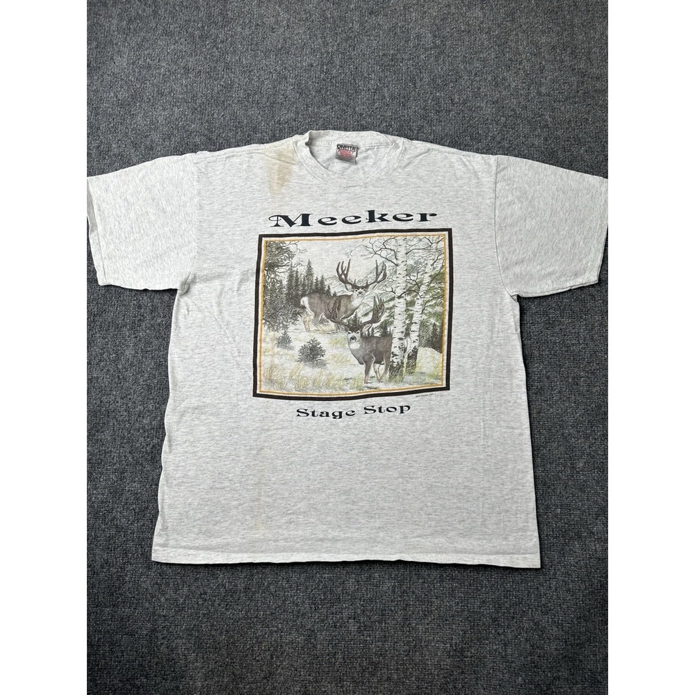 Mens T Shirt Oneita Meeker Stage Stop Deer Graphic 1995 USA, Size XL